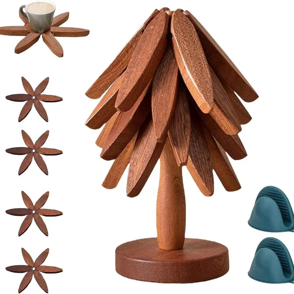 Wooden Trivets for Hot Dishes-Tree Shape Trivet Set, 4 Walnut Wood + 1 Stand sto
